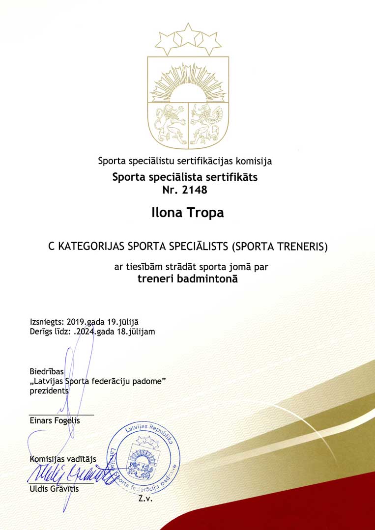 ilona tropa trenera sertifikats badmintons 2019